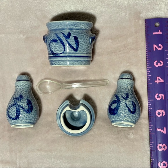 Vintage Blue Salt Glaze Stoneware Pottery Salt & Pepper Shaker with Sugar Bowl - Picture 3 of 4